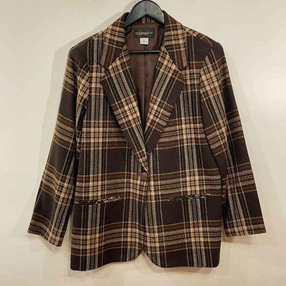 EUC Vintage Wool Blend Plaid Blazer Chocolate Brown 10, M-L fit - Picture 1 of 5